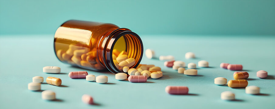 Colorful pills and capsules spilled from bottle on blue background. World Health Day, Pharmacy Week, National Medication Safety Week, Mental Health Awareness. Pharmaceutical industry concept banner - Powered by Adobe
