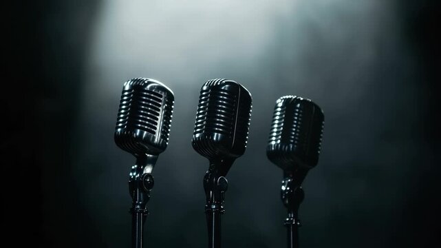 Three vintage microphones stand in a music studio, illuminated by soft light and surrounded by mist. This setting creates a nostalgic vibe, perfect for recording or live performance.