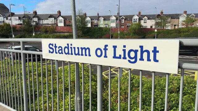 Stadium of Light Metro Station Sunderland, passenger platform with Tyne and Wear Metro trains, public transport hub near Sunderland AFC football stadium in North East England UK