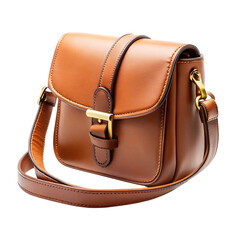 Vector art of a classic brown leather crossbody bag with a buckle closure, isolated on a transparent background