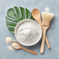 Clay powder in bowl with brush, spoon and tropical leaf