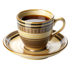 Vector art of a striped coffee cup and saucer filled with hot coffee, isolated on a transparent background