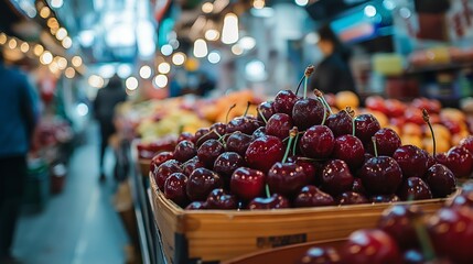 bunch of red cherry at street market 