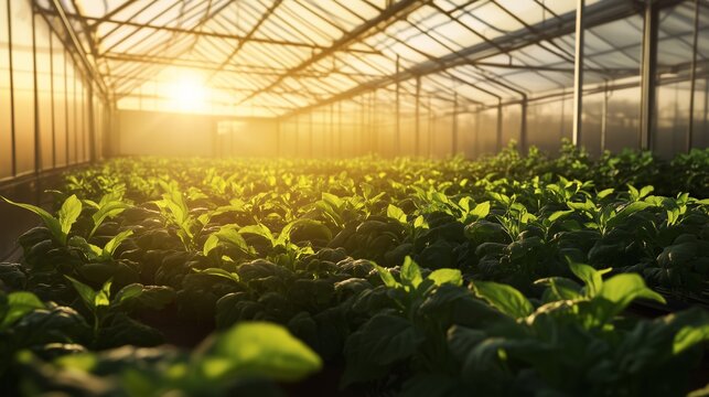 A huge greenhouse with thick green plants, lit by a soft morning sun, penetrating through a glass roof. The atmosphere is filled with warmth and natural freshness