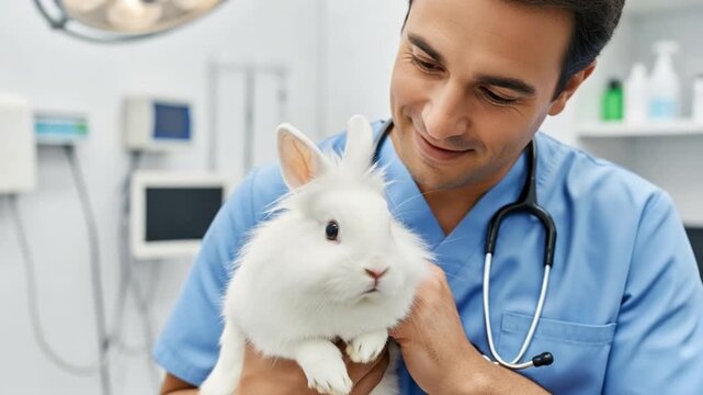 Male vet in blue scrubs holding a fluffy white rabbit in a clinic with medical equipment visible
