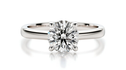 A classic ethical engagement ring with a radiant lab-grown diamond placed symmetrically, high-definition focus on band engraving, solid white base,