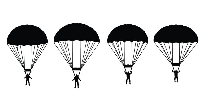 Four silhouette parachutists descending skydiving sport adventure activity danger vector