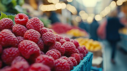 close up bunch of raspberry on tray selling at local Asian market bustling alley street