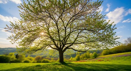 Fototapeta premium Majestic tree stands tall in a vibrant green landscape under a bright sky.