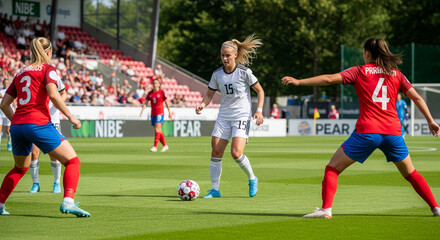 Dynamic female soccer players competing intensely during championship game on sunny day, showcasing skill, teamwork, and determination in fast paced sporting event