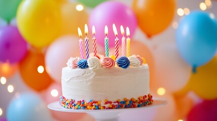 White festive cake with cream roses and multi -colored candles, decorated with sprinkling of confetti. The cake stands on a stand against the background of bright multi -colored balls