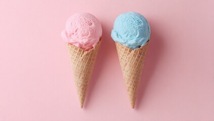 Two pastel ice cream cones with pink and blue scoops on a pink background.