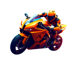 Low Poly Orange Sport Motorcycle with Futuristic Rider