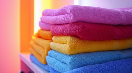 The bright stack of soft terry towels of different colors is neatly folded on the shelf. The texture of the fabric and saturated shades create a feeling of comfort, freshness and purity.