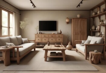 Living room with wooden furniture, soft cushions, and a neutral color scheme. Warm and inviting atmosphere, large window view of greenery. Cozy home interior concept