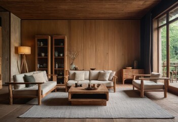 Living room with wooden furniture, soft cushions, and a neutral color scheme. Warm and inviting atmosphere, large window view of greenery. Cozy home interior concept