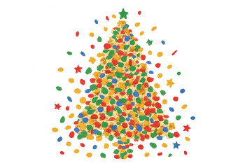 Abstract christmas tree forming from colorful confetti style dots and star shapes on transparent background
