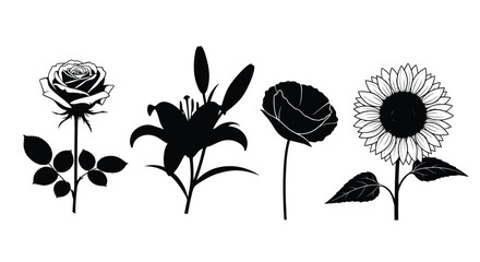Silhouettes of diverse blooming flowers including rose lily poppy and sunflower botanical art vector