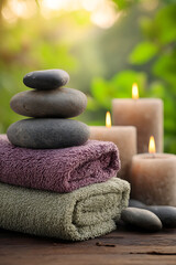 Tranquil spa setting with stacked stones, folded towels, and lit candles outdoors