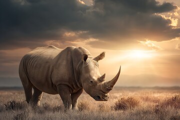 Fototapeta premium Majestic Rhinoceros Stands in Golden Savanna During Dramatic Sunset Sky