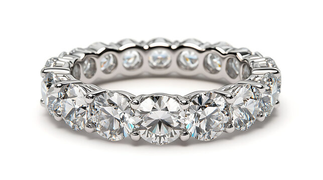 A lab diamond eternity band photographed from a low side angle on pure white, capturing reflection from each stone facet, modern and refined,