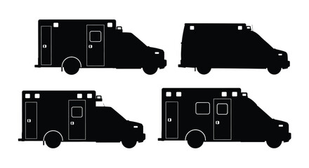 Four silhouette ambulance trucks showing different angles of emergency medical vehicles vector