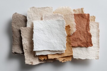 Collection of recycled paper sheets in warm tones