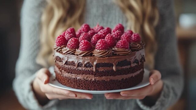 Delicious Raspberry Chocolate Cake: A tantalizing close-up shot of a beautifully decorated raspberry chocolate cake held by a person, capturing the mouthwatering details.