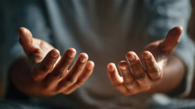 Outstretched hands reaching forward with fingers slightly curved together in soft focus light representing openness and vulnerability as a gesture of welcome or invitation.