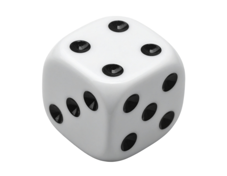  Glossy White 3D Dice with Black Dots Rolling Mid-Air Isolated on Transparent Background