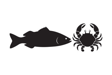 Black silhouette of a fish and a crab on a white background