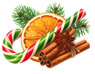 Christmas decoration with candy cane orange slice cinnamon isolated png transparent background