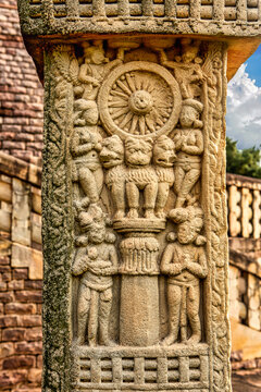 Ashokan Pillar, Displayed in the pillar inside and near the Great Stupa, a World Heritage Site at Sanchi, Madhya Pradesh a state of India.