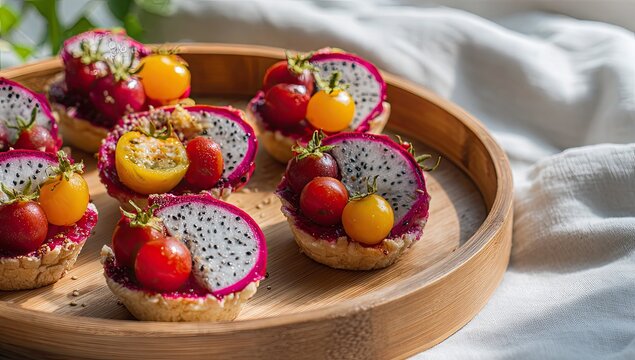Colorful mini tarts with dragon fruit and cherry tomatoes