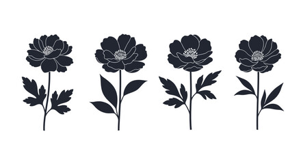 Four detailed black silhouette peony flowers with stems and leaves elegant botanical art vector