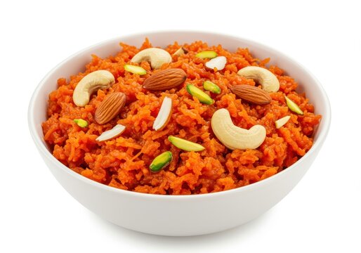 Gajar ka halwa indian sweet with carrots, nuts and pistachios in white bowl