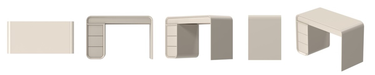 A set of computer desks with drawers in a modern style, isolated on a white background. The desks are rendered in different angles.