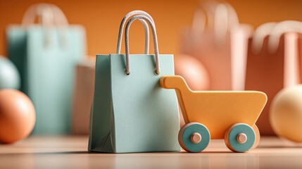 Shopping cart and pastel bags in retail concept