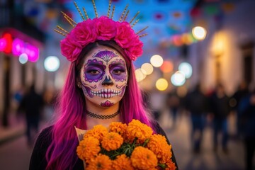 Woman with pink hair and sugar skull makeup holding marigolds at night day of the dead
