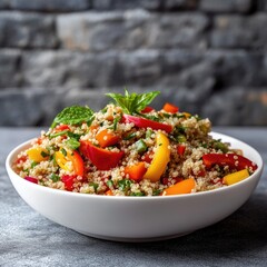 Colorful couscous salad in a white bowl