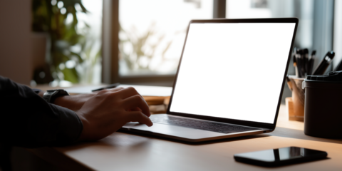 Modern remote work and business technology concept with close-up of professional hands adjusting a laptop with transparent screen on a desk.