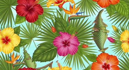 Seamless tropical pattern with colorful hibiscus flowers and palm leaves.