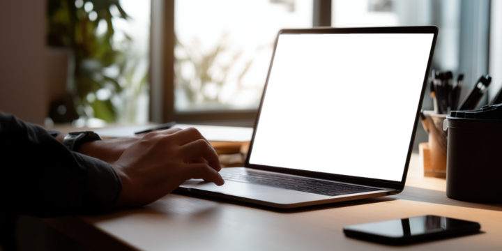 Modern remote work and business technology concept with close-up of professional hands adjusting a laptop with transparent screen on a desk.