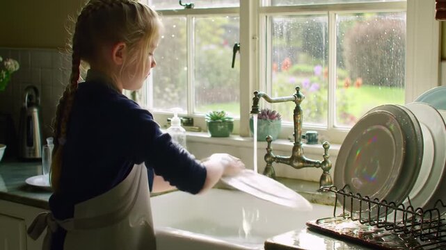 Fair-haired girl washing dishes by kitchen sink with window view. Blonde child in apron helping with chores indoors