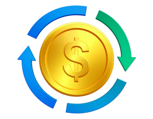  3D Dollar Coin with Glossy Finish and Blue & Green Arrows Showing Money Flow Isolated on Transparent Background