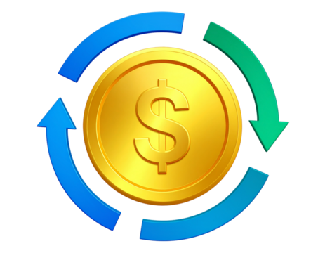  3D Dollar Coin with Glossy Finish and Blue & Green Arrows Showing Money Flow Isolated on Transparent Background