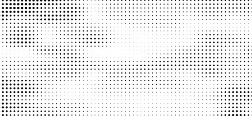 Monochrome halftone pattern with varying black circles creates a dynamic, textured effect against a bright white background, offering a versatile and visually striking graphic element © Fitrotul