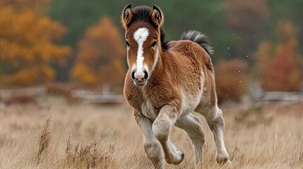 Foal Running Across Grassy Field with Autumn Trees and Wooden Fence