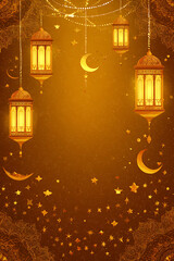 Golden lanterns hanging against a shimmering background with stars and crescent moons, festive ambiance