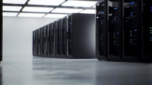Server Room with Data Storage Racks in a Row White Background with Reflected Light System Management and Data Processing Center - Powered by Adobe
